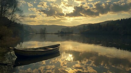 Canvas Print - Tranquil Reflection on a Serene Lakeside at Sunset with Dramatic Cloudy Sky