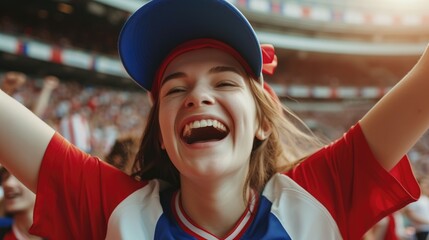 A happy fan is grinning and waving a flag in a stadium, expressing his joy and excitement. AIG41