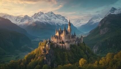 an enchanting castle perched on a craggy cliff, its spires reaching for the sky against a dramatic b