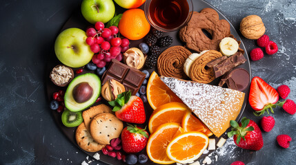  On the plate there are a lot of fruits, berries, cookies, sweet pastries. On a black background.