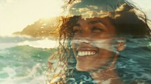 Double Exposure Of Beautiful Woman Portrait Smiling And Sea Waves