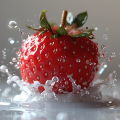 Wall Mural - Fresh strawberry splashing into water with dynamic droplets. High-speed photography used. Image perfect for food and wellness. AI