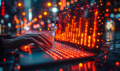 Poster - Business Professional Analyzing Financial Growth on Laptop with Virtual Interactive Increase Graph and Glowing Trend Line
