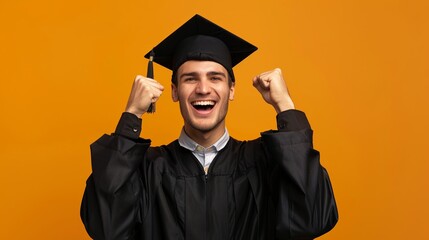 Wall Mural - Study, education, university, college, graduate concept on yellow banner. Happy and excited portrait of young man blond student girl in hat of graduation isolated