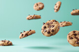 Fototapeta  - chocolate chip cookies floating in the air, space for copy.