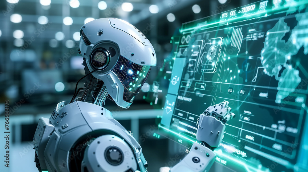 Cybernetic Interaction. A highly detailed robot engages with a complex ...
