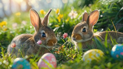Wall Mural - Easter bunnies in the grass with colorful Easter eggs. Happy Easter!