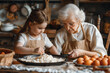 Capture the spirit of Easter and the warmth of family traditions with charming illustration of a grandmother and granddaughter preparing holiday treats together.