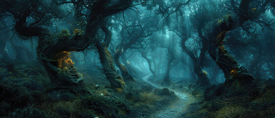 Wall Mural - Dark spooky forest, scary fairy tale woods at dusk, strange surreal landscape with crooked trees and path. Concept of fantasy, horror, haunted enchanted nature