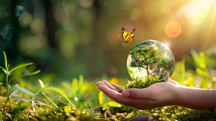 Hands protecting globe of green tree on tropical nature summer background and butterfly, Ecology and Environment sustainable concept