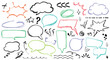 Set of hand drawn pencil speech bubbles, emphasis, punctuation marks, underline, arrow, highlight text elements. Color charcoal doodle check mark, explosion balloon, pencil stroke, swoop line icon.