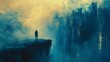A solitary figure stands on the edge of a cliff, overlooking a misty abyss, in this moody and contemplative abstract landscape painting