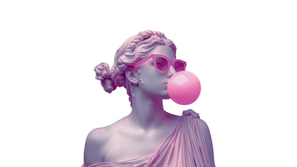 An antique female bust sculpture in modern sunglasses makes a bubble with the gum. Minimal pop culture concept art. Isolated on free PNG Background.