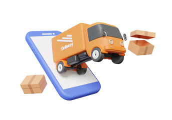 Poster - Online delivery order via smartphone car truck express with box parcel isolated on transparent background. business import Integrated warehousing transportation service. 3d render illustration