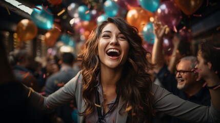 Sticker - A woman is smiling and surrounded by a crowd of people