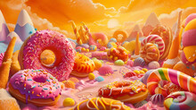 A bustling, sugary paradise showcasing a variety of brightly colored candies, A world made of candy and sweets to celebrate a sweet-toothed birthday, AI Generated