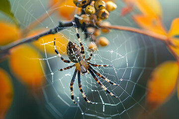 Wall Mural - a close up of a spider on a web on a tree branch with water droplets on it's back and a blurry background of leaves and yellow flowers