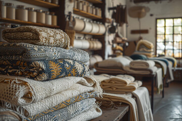 Wall Mural - Artisanal Wool and Textile Display in a Country Farm Store. Eco-conscious Rustic Interior with Organic Handcrafted Clothing and Blankets