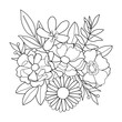 Coloring page with bouquet of different flowers. Kids floral picture with outline plants. Black and white square vector illustration.