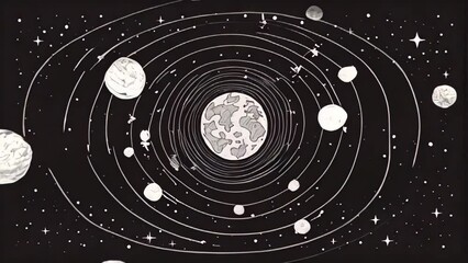 Black and white illustration of the solar system with the orbits of the planets on a dark background with stars.
Concept: astronomy and scientific publications, decor for a children's room