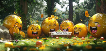 A Group Of 3D Round Yellow Cartoon Bubble Emoticons Having A Picnic In A Lush Green Park, Surrounded By Trees And Flowers.