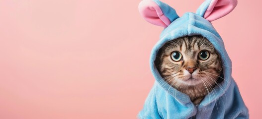 A cute cat wearing an Easter bunny costume with blue hoodie on isolated pastel background, banner design