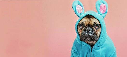 Wall Mural - A cute French Bulldog dog in an Easter bunny costume