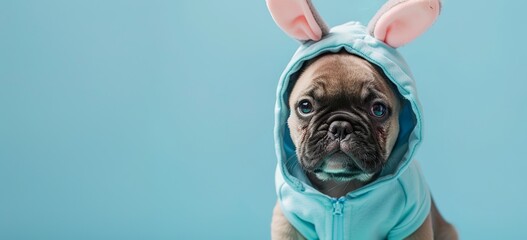 Wall Mural - A cute French Bulldog dog in an Easter bunny costume