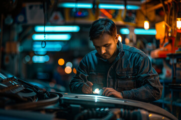 Poster - Mechanic inspecting a car with a torch in a works