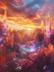 Poster - Dynamic wallpaper merges digital glitch with sunset hues, intertwining ice crystals and fireworks display