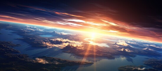 Wall Mural - the suns rays are breaking through the cumulus clouds, casting a golden afterglow over the earth dur