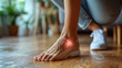 Woman displays inflamed heel, indicating plantar fasciitis.generative ai