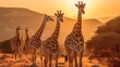 Group of giraffes in the savanna of Namibia at sunset