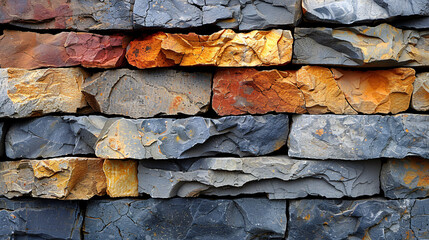 A masonry wall of multicolored stones or blocks