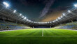 Universal grass stadium illuminated by spotlights and empty green playground