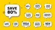 Offer speech bubble icons. Save 80 percent off tag. Sale Discount offer price sign. Special offer symbol. Discount chat offer. Speech bubble discount banner. Text box balloon. Vector