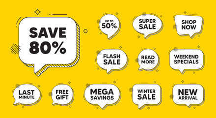 Wall Mural - Offer speech bubble icons. Save 80 percent off tag. Sale Discount offer price sign. Special offer symbol. Discount chat offer. Speech bubble discount banner. Text box balloon. Vector