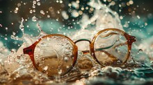 Vintage Eyeglasses Caught In A Vibrant Splash Of Water With Sparkling Droplets And Reflective Light. Creative Close-up Photography With A Concept Of Vision And Freshness