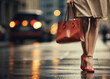 Close-up of a stylish woman carrying a designer bag walking on a wet city street