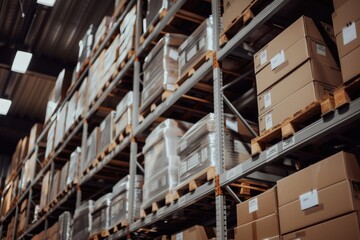 Poster - Shelves lined with boxes in a distribution center
