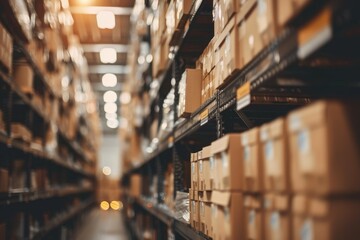 Poster - Shelves lined with boxes in a distribution center