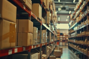 Poster - Shelves lined with boxes in a distribution center