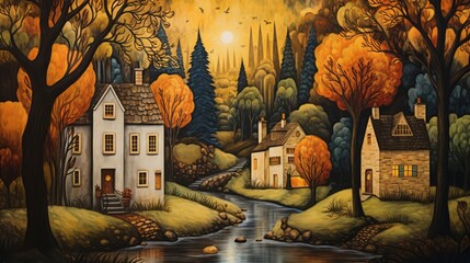 Wall Mural - A painting of a small town with houses and a river. The houses are white and the trees are orange. The painting has a peaceful and serene mood