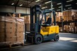 The Powerful Steel Prongs of an Industrial Forklift Captured in a Busy Warehouse Setting