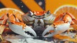Citrus splash with crab: high-tech robotic crab among splashing orange slices and water droplets