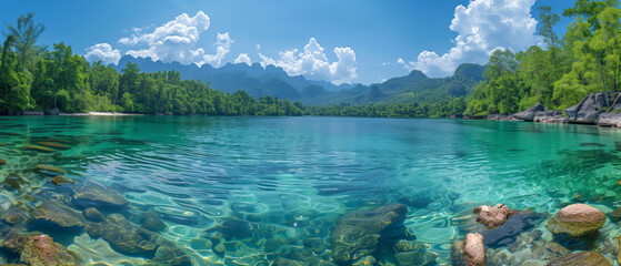 Wall Mural - panorama view of of clear water at watershed forest, beautiful nature banner background