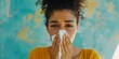Managing Cold or Allergy Symptoms: A Woman Blowing Her Nose with a Tissue During Discomfort. Concept Common Cold, Allergy Symptoms, Tissue Use, Women's Health, Nasal Congestion