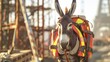 This high-definition image showcases a donkey, dressed in safety gear, embodying the spirit of World Safety Day against the nuanced blur of a construction site.