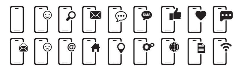 smartphone icon set with reaction, message sign, like. Chat bubble icon. Telephone call sign. Contact us symbol. Cell phone pictogram isolated on white background.