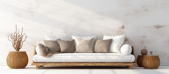 Wall Mural - White couch adorned with cushions and a decorative vase placed on a clean white flooring